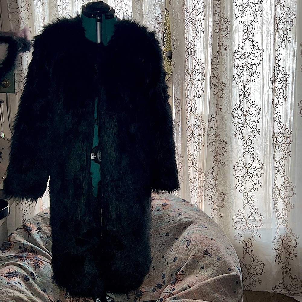 Long jet black faux fur coat